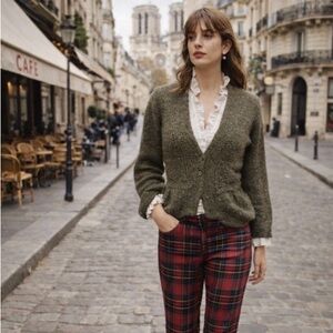 Handmade Knit Cardigan Sweater Olive Green Button Front Small Cottagecore